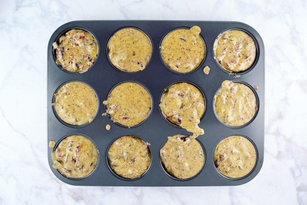 Cherry Chocolate Oat Muffin Batter in Pan