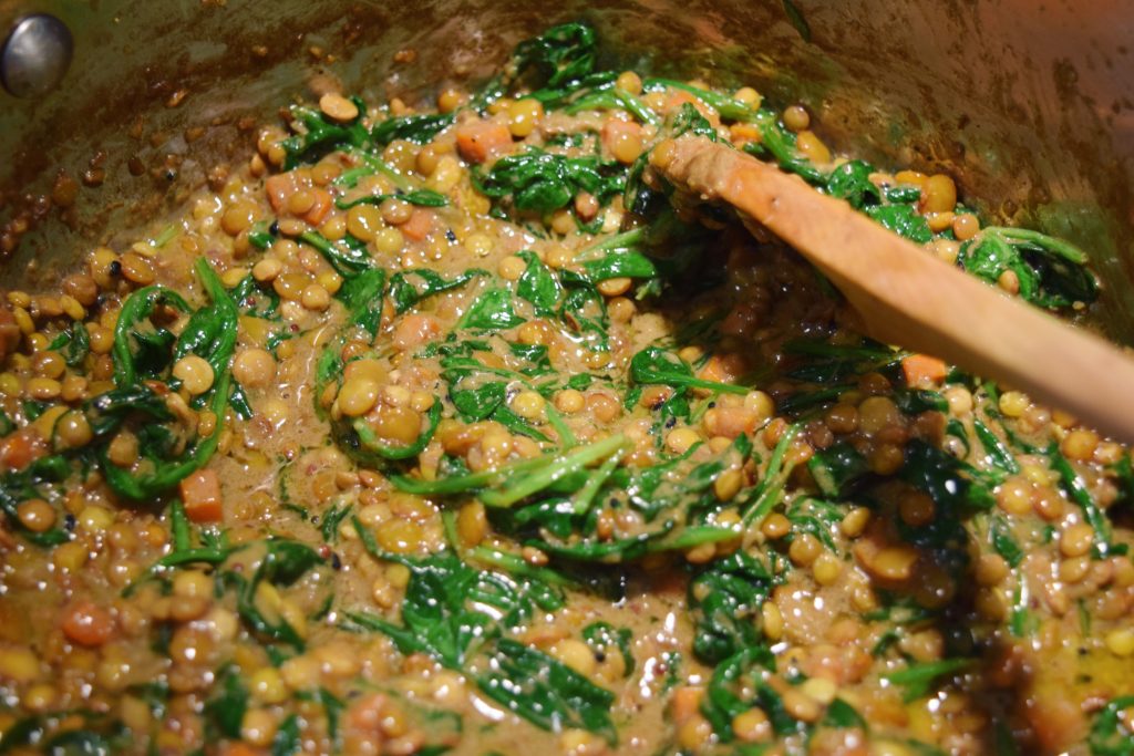 Coconut Curried Lentils with Spinach in Pot