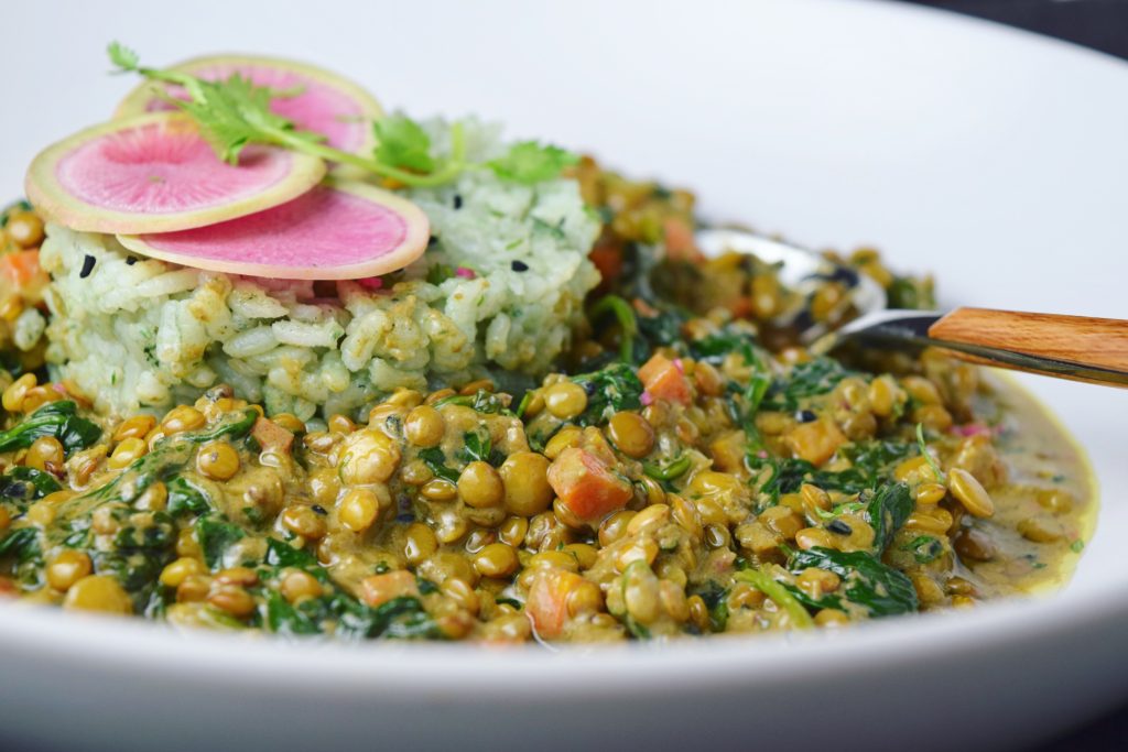 Plated Coconut Curried Lentils with Spinach