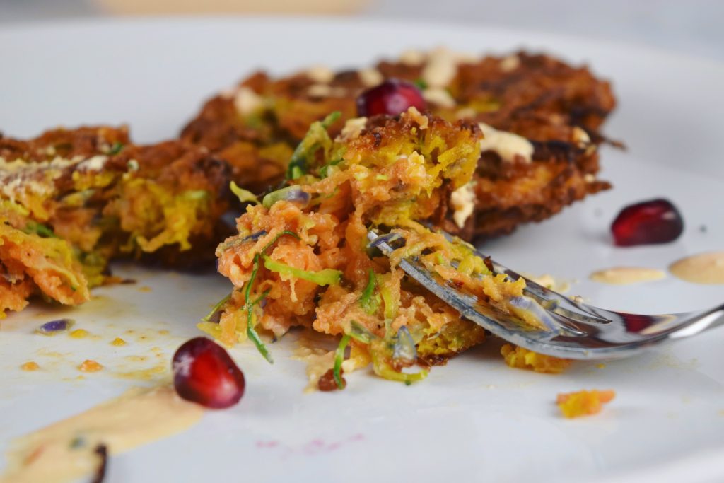 Sweet Potato Brussels Latkes Plate with Fork Interior