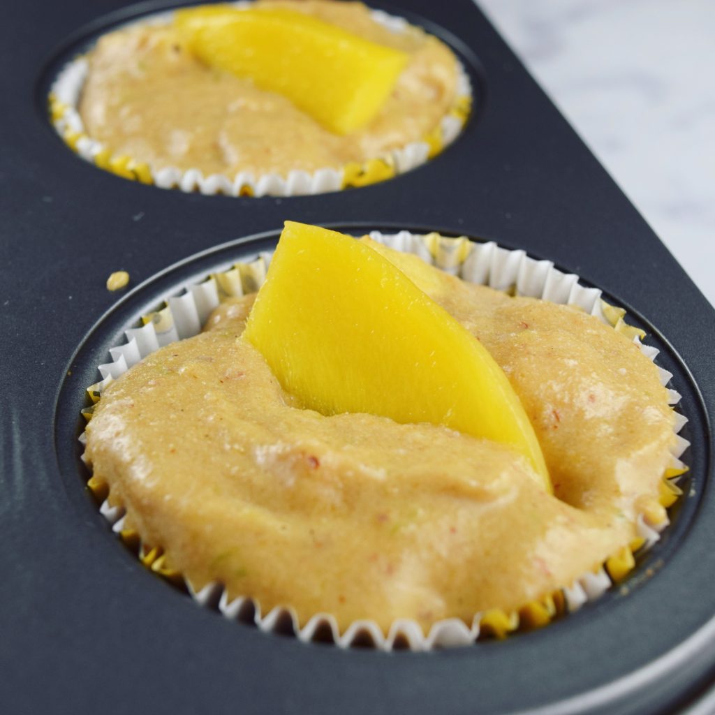 Paleo Mango Cherry Lime Muffin Batter in Pan